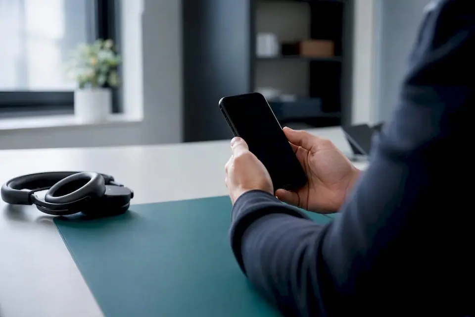 Hände halten Smartphone auf dem Schreibtisch mit Headset