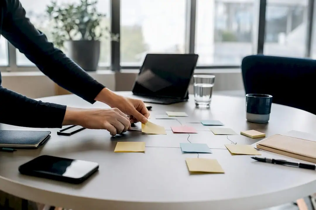 Hand ordnet Notizen zum Gesprächsdesign auf dem Tisch
