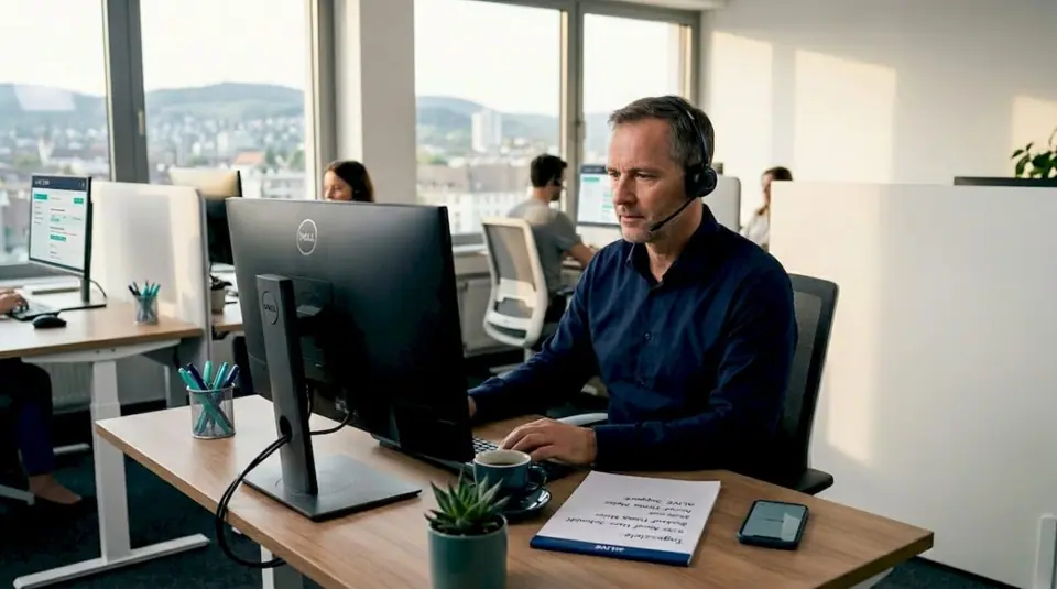 Callcenter-Mitarbeiter nimmt einen eingehenden Kundenanruf entgegen.