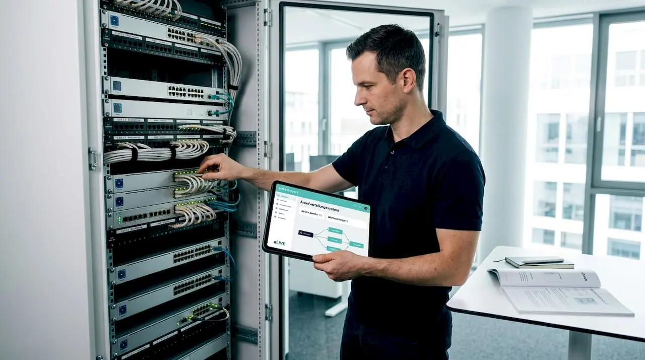 Ein Techniker richtet das System zur automatischen Anrufverteilung ein.