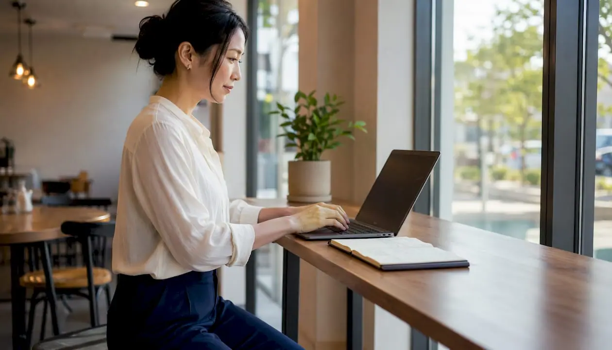 Eine Frau arbeitet im Coworking-Space und nutzt dabei ein Helpdesk-Tool.