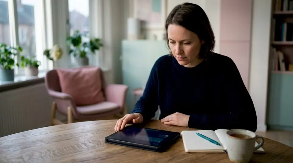 Eine Frau bedient eine Self-Service-App auf ihrem Tablet.