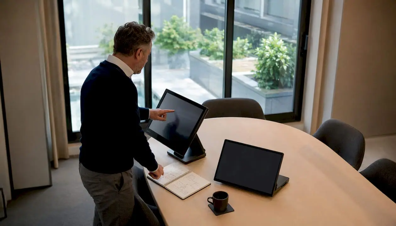 Ein Techniker nutzt das Self-Service-Terminal über den Touchscreen.
