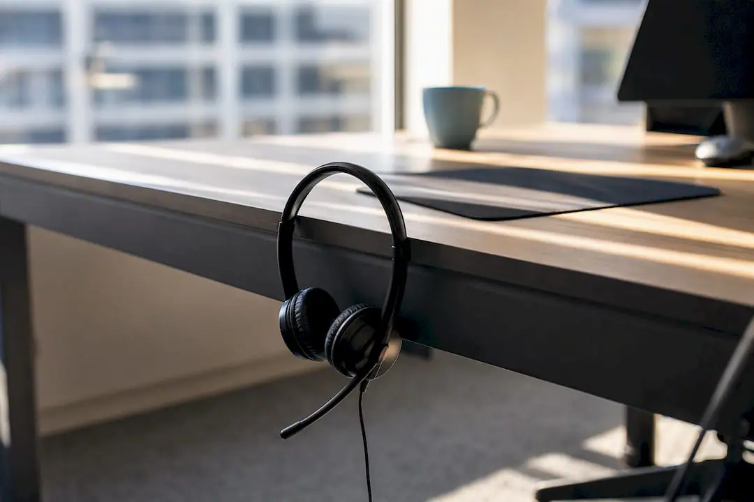 Leerlaufendes Headset, das am Schreibtischrand hängt