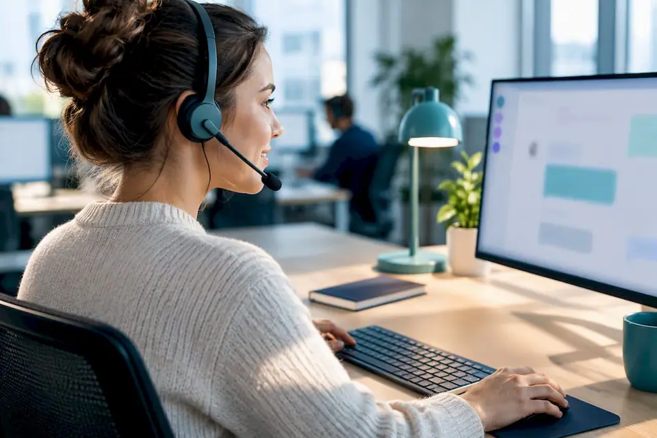 Mitarbeiter beantwortet Live-Chat am Arbeitsplatz