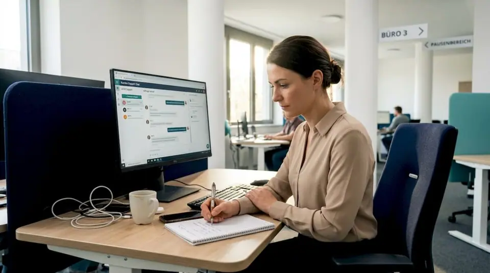 Eine Mitarbeiterin überprüft am Arbeitsplatz die Einbindung eines Chatbots.