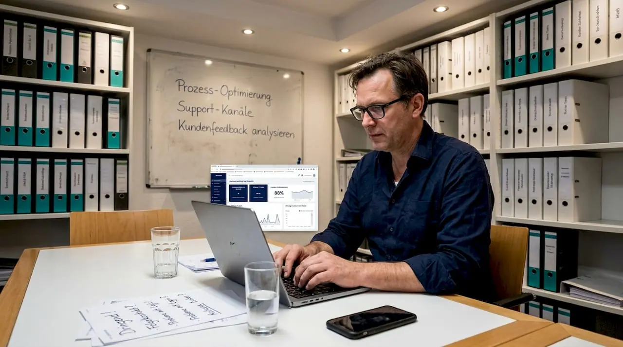 Ein IT-Manager analysiert am Laptop die Daten seiner Kunden.
