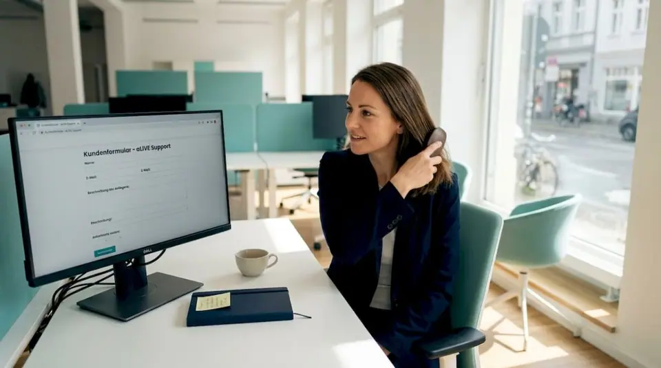 Eine Service-Mitarbeiterin unterstützt Kundinnen und Kunden beim Co-Browsing in einem modernen, offenen Büro.