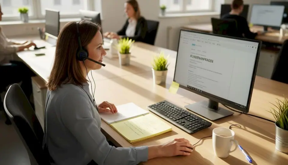 Eine Mitarbeiterin im Kundenservice sitzt am Schreibtisch und bearbeitet Anfragen am Computer.