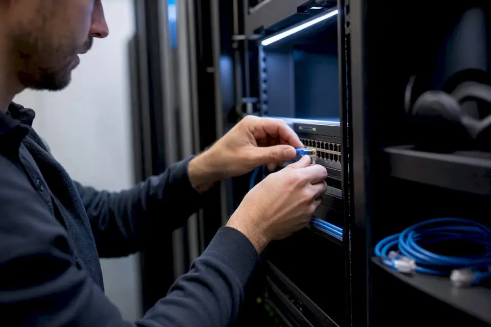 Hände verbinden ein Netzwerkkabel im Serverraum