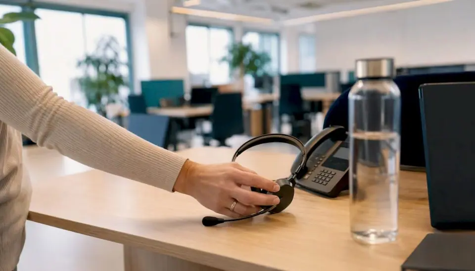 Eine Hand stellt ein Headset im Callcenter zurück auf die Halterung.