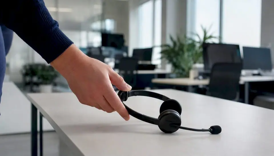 Eine Hand legt ein Headset auf den Schreibtisch im Callcenter.