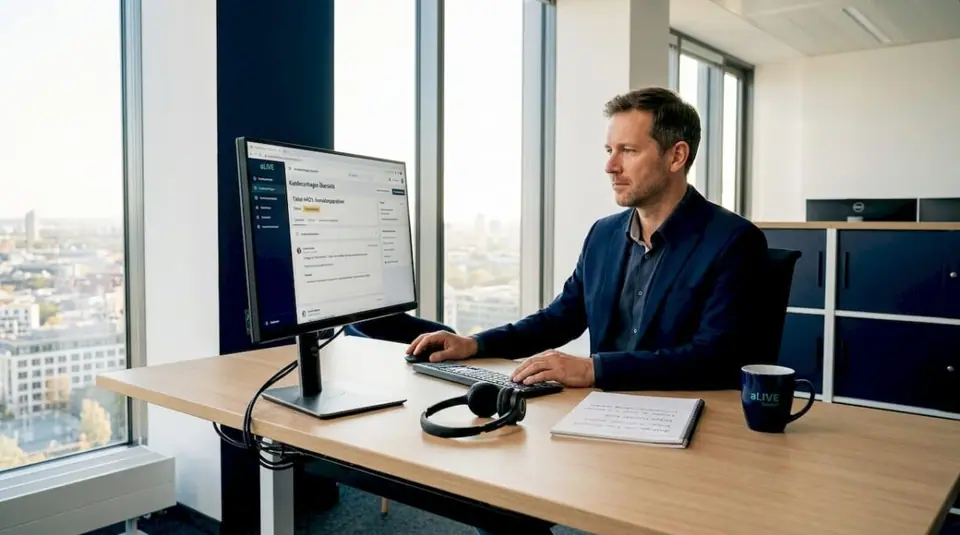 Ein Mitarbeiter aus dem Support-Team entwickelt im Büro eine Software zur Automatisierung von Arbeitsprozessen.