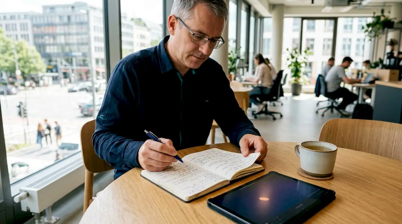 Ein Support-Mitarbeiter prüft die Fallnotizen auf seinem Tablet.