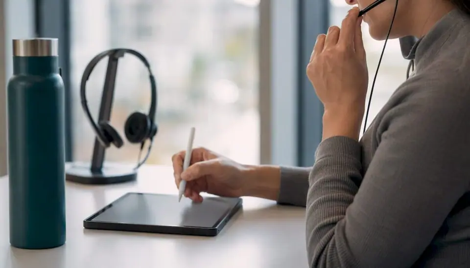 Mit den Händen wird das Headset zurechtgerückt, während gleichzeitig Notizen gemacht werden.