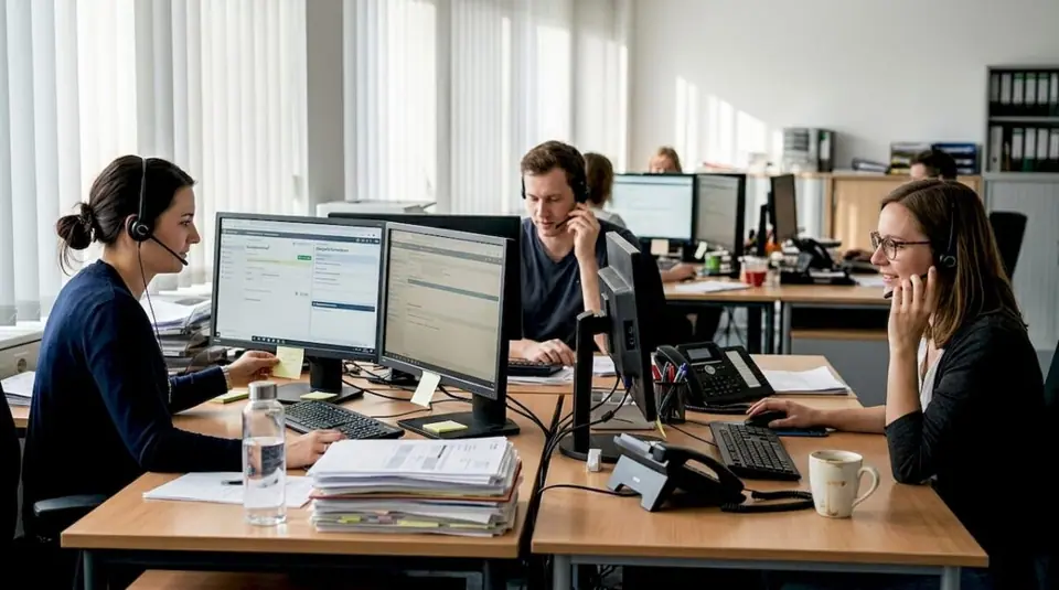Mitarbeiter im Callcenter arbeiten gemeinsam im Großraumbüro.