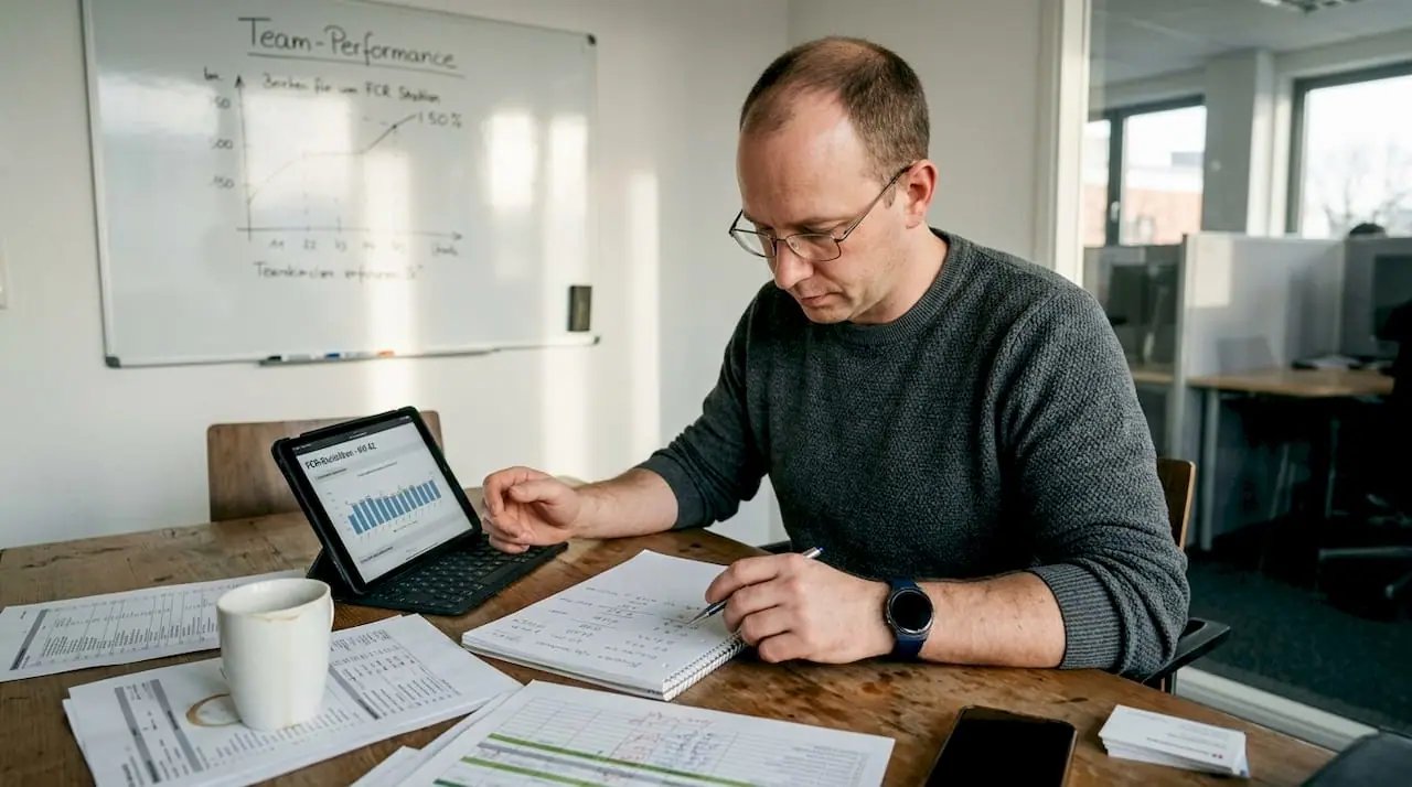 Ein Teamleiter überprüft regelmäßig die Leistungskennzahlen des Callcenters, um die Qualität und Effizienz sicherzustellen.