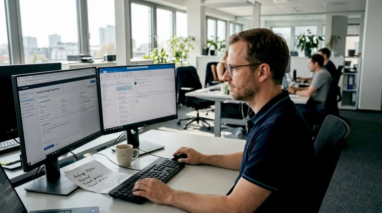 Ein Mitarbeiter nutzt Künstliche Intelligenz, um Kundenanfragen im Büro effizient zu bearbeiten.