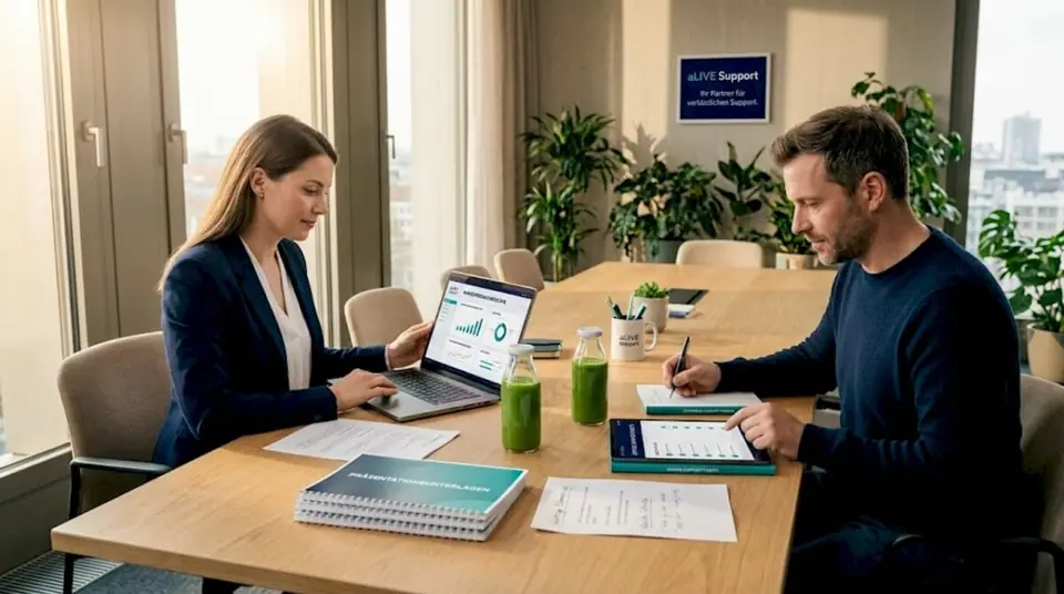 Das Team bespricht gemeinsam Rückmeldungen im Meetingraum.