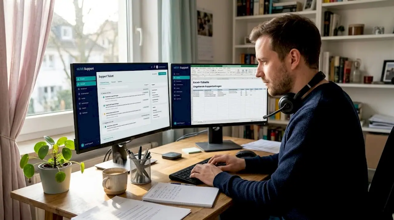 Ein Support-Mitarbeiter sitzt am Schreibtisch und prüft eingegangene Support-Anfragen.