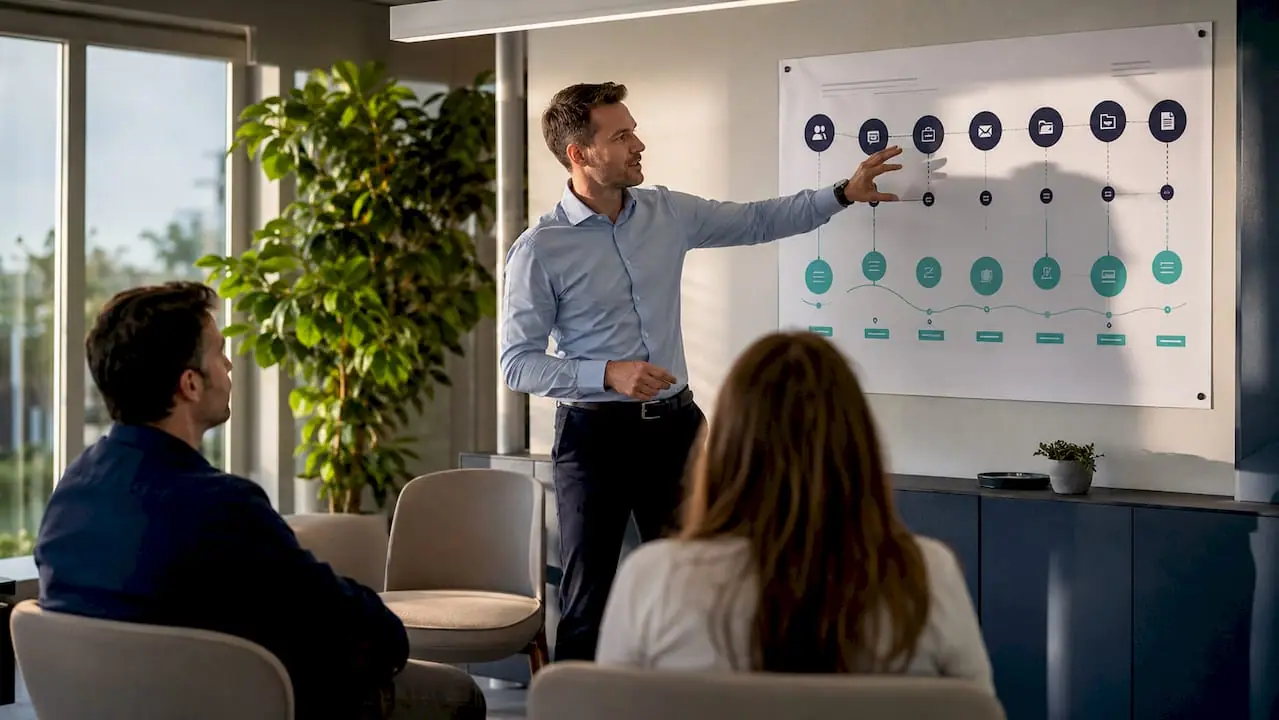 Ein Berater veranschaulicht die wichtigsten Kontaktpunkte entlang der Customer Journey.