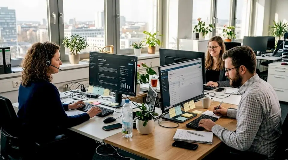 Ein engagiertes Serviceteam arbeitet gemeinsam im Büro, um die Anliegen der Kunden bestmöglich zu lösen.