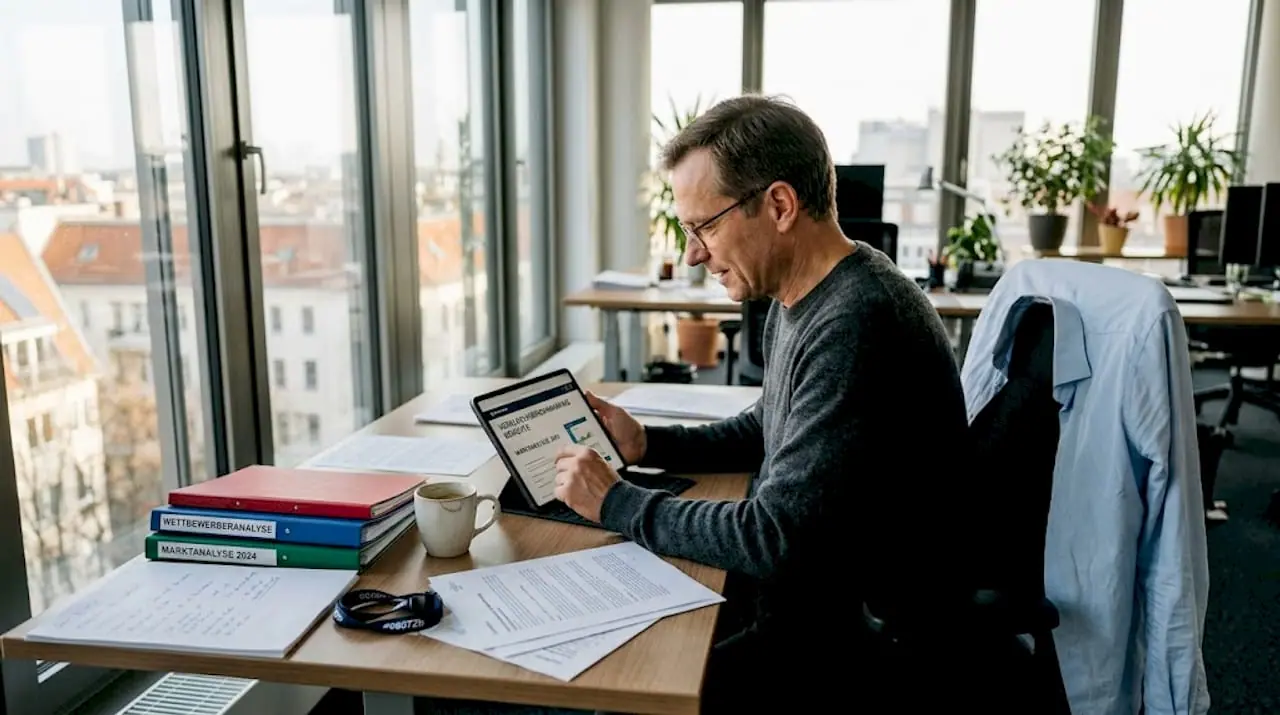 Ein Manager sitzt an seinem Schreibtisch und analysiert aktuelle Benchmark-Berichte, um die Unternehmensleistung zu bewerten.