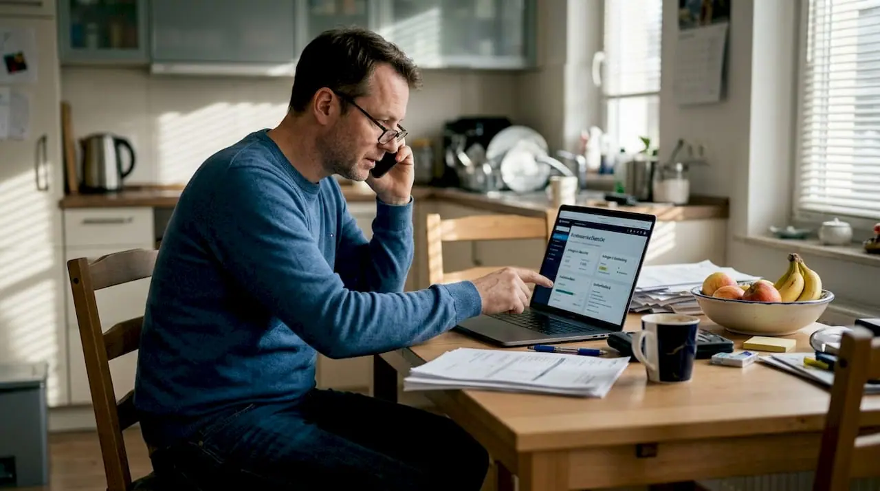 Ein Mitarbeiter im Homeoffice führt gerade ein Gespräch mit einem Kunden am Telefon.
