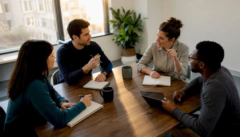 Im Büro tauscht sich das Team über Möglichkeiten aus, den Kundensupport künftig dezentral zu organisieren.