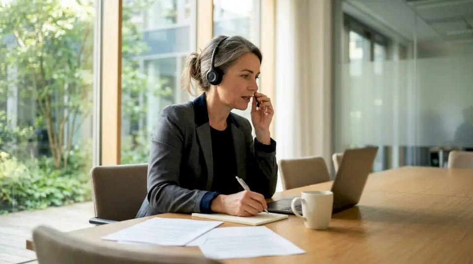 Teamleiterin im Kundenservice an ihrem Arbeitsplatz mit Headset