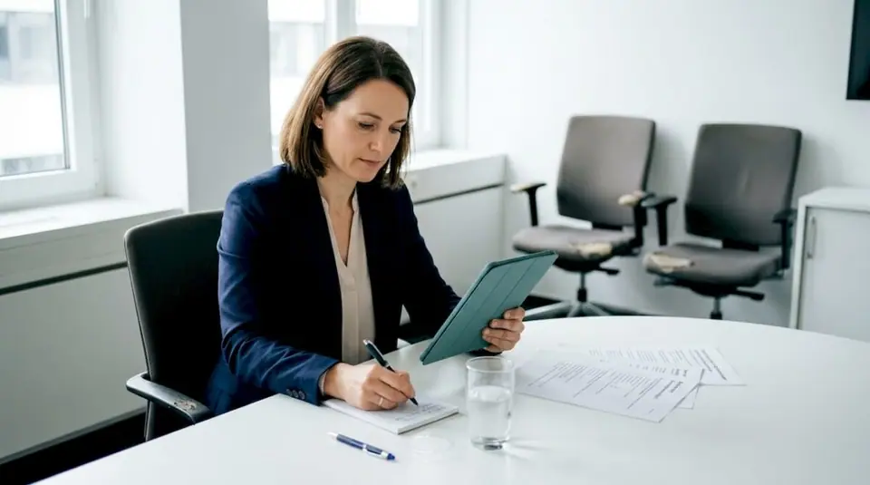 Eine Geschäftsfrau wertet im Besprechungsraum die Ergebnisse einer Umfrage aus.
