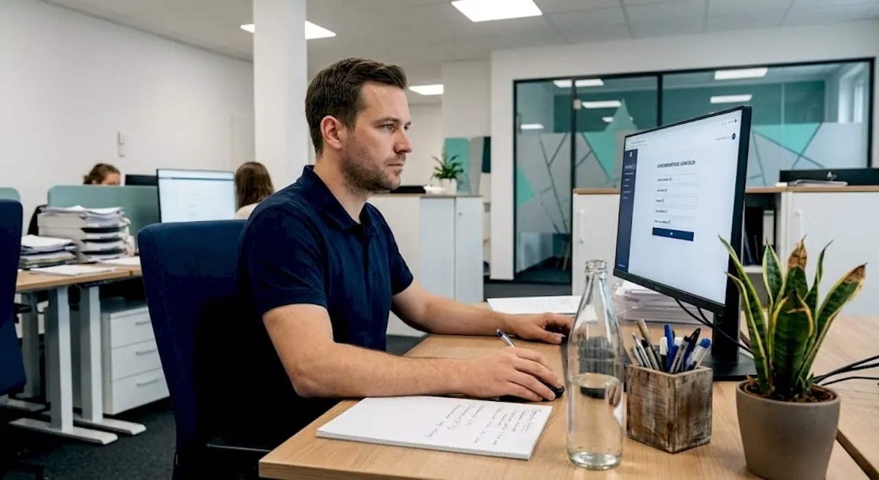Ein Mitarbeiter analysiert am Arbeitsplatz das Feedback der Kunden.
