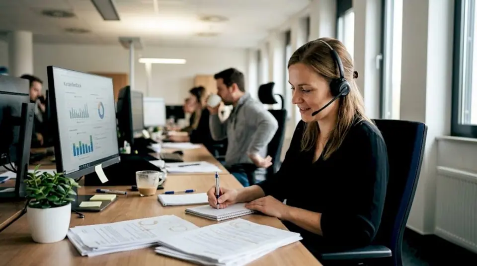 Ein Support-Mitarbeiter macht sich während eines Kundentelefonats Notizen im Callcenter.