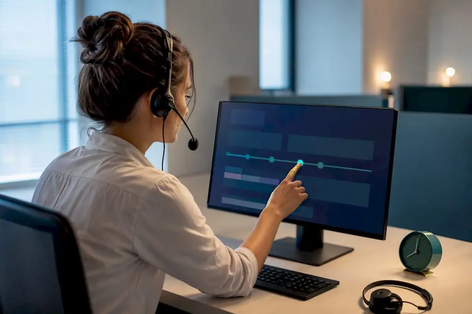 Support-Analystin verfolgt die Bearbeitung eines Tickets am Arbeitsplatz