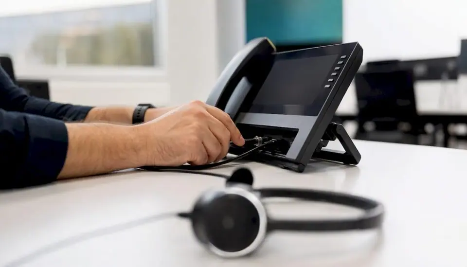 Eine Person schließt Kabel an ein VoIP-Telefon an.