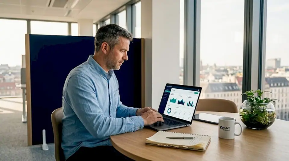 Ein Geschäftsmann betreut das Kundenservice-Dashboard und sorgt dafür, dass alle Anfragen zeitnah bearbeitet werden.