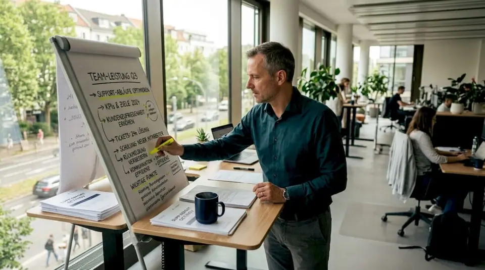 Der Teamleiter des Support-Teams bespricht sich gemeinsam mit seinem Team am Konferenztisch im Büro.