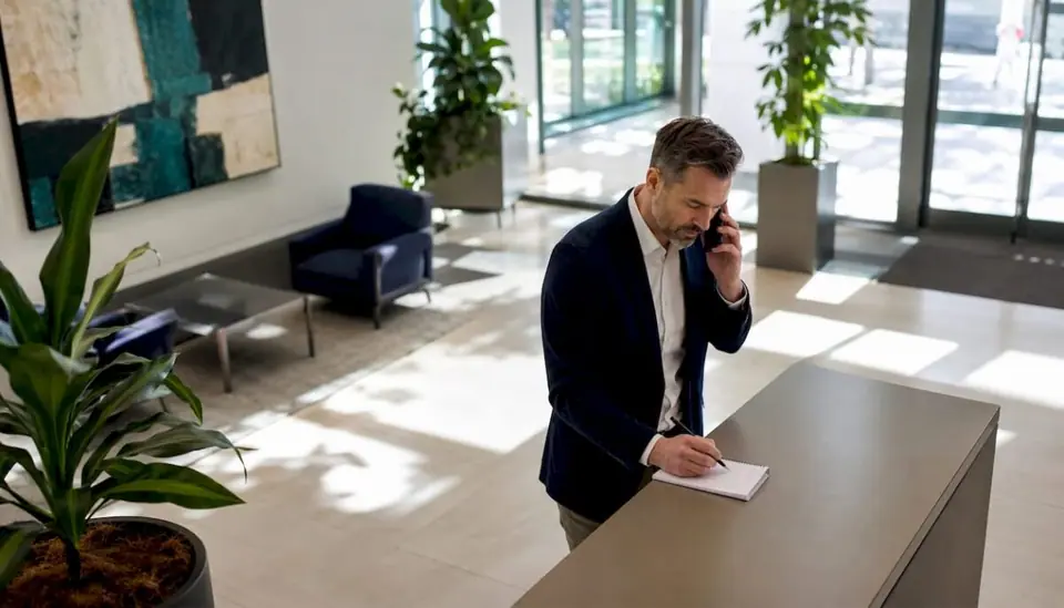 Ein Mann führt ein Telefonat und macht sich dabei Notizen zu wichtigen Hinweisen, die im Voraus kommuniziert werden.