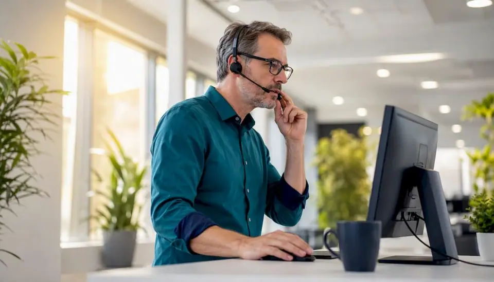 Ein Kundenservice-Mitarbeiter führt ein Telefongespräch und trägt dabei ein Headset.