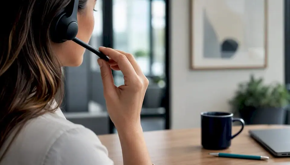 Eine Hand richtet das Mikrofon eines Headsets, das auf dem Schreibtisch liegt.