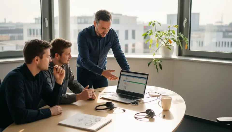 Der Callcenter-Leiter bespricht sich gemeinsam mit seinem Team im Büro.