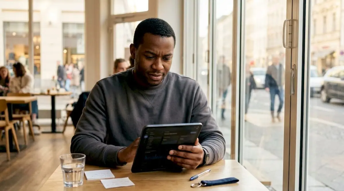 Ein Techniker überwacht die Anlagen mit einem Tablet.