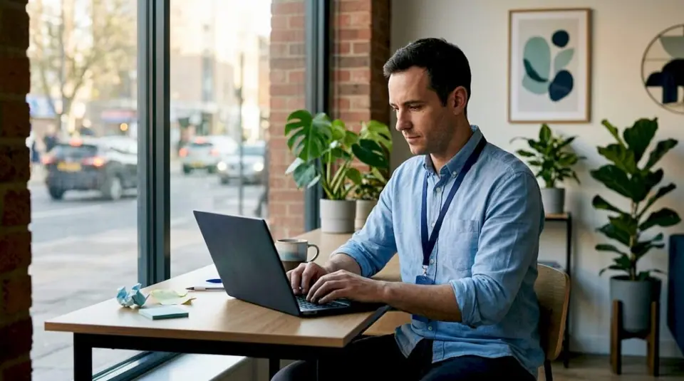 Ein IT-Support-Experte arbeitet in einem modernen, lichtdurchfluteten Großraumbüro.