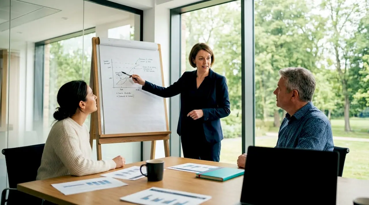 Teamleiter im Support erläutert den Ablauf des hybriden Support-Modells
