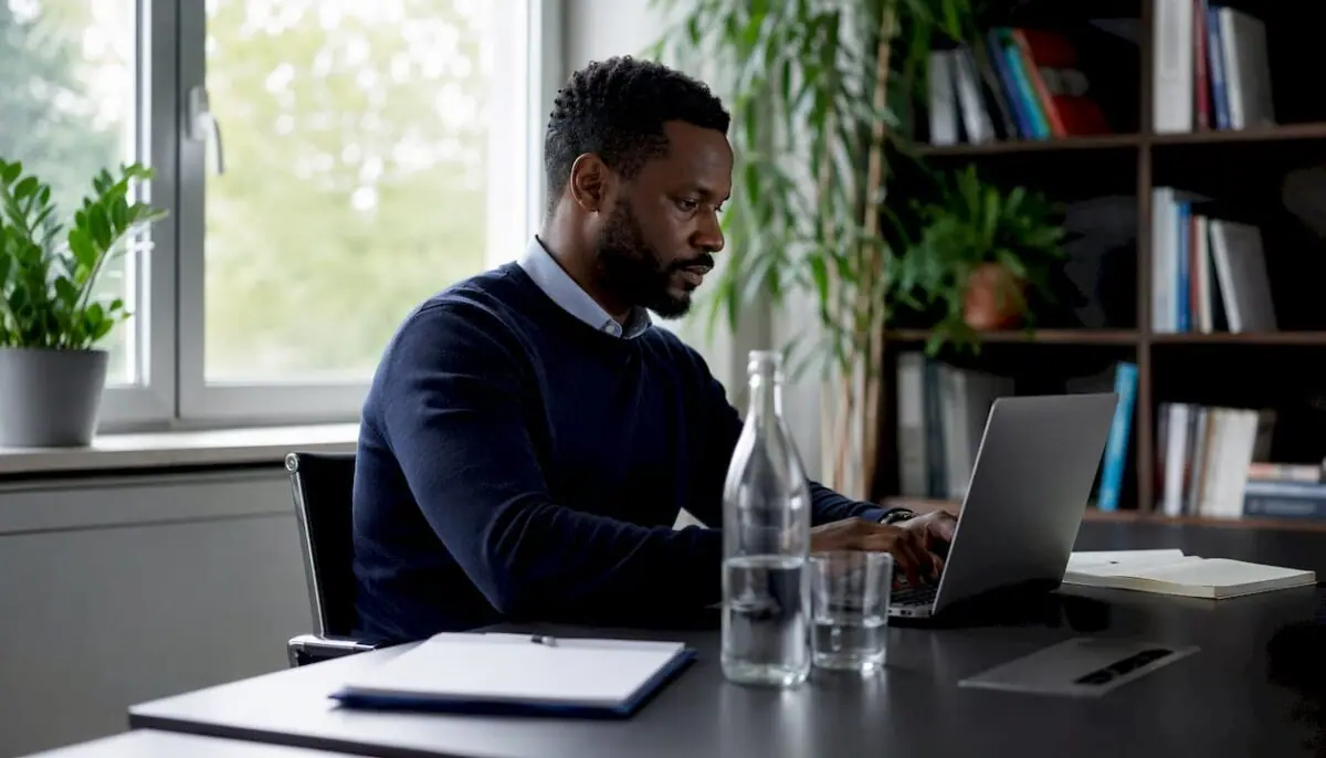 Ein IT-Experte arbeitet konzentriert an seinem Laptop zwischen den Servern.