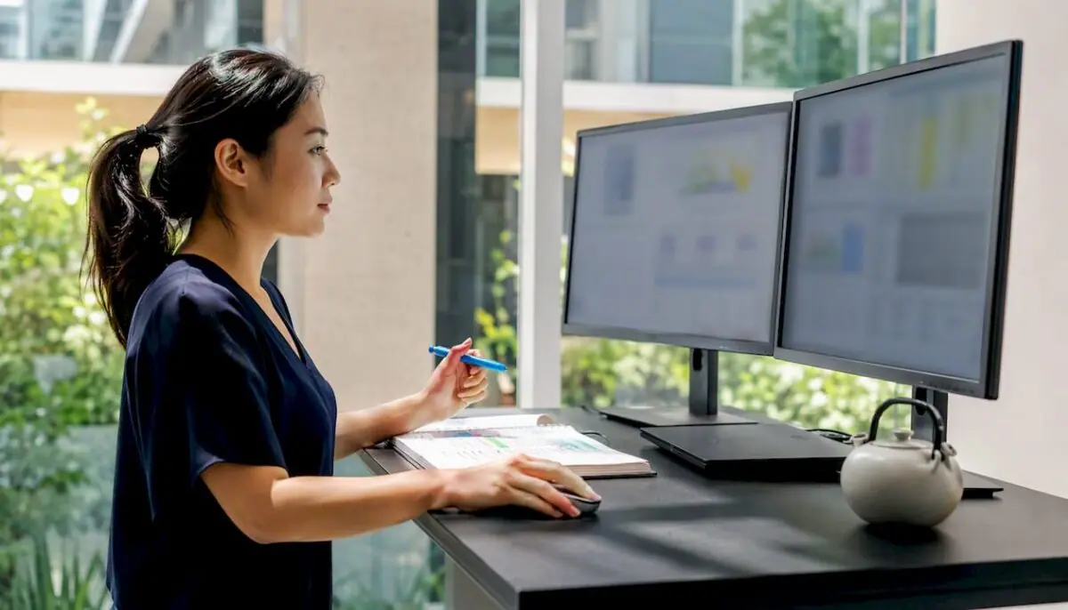Eine Frau prüft aufmerksam die Dashboards einer Kapazitätsplanungs-Software, um wichtige Kennzahlen und Auslastungen zu analysieren.