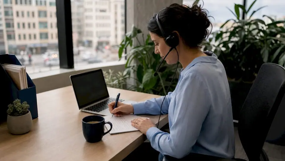 Ein Kundenberater sitzt mit Headset an seinem Arbeitsplatz und betreut Anfragen.