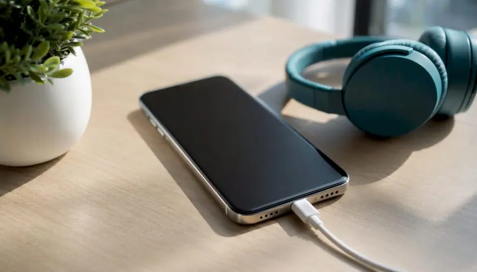 Auf dem Schreibtisch im Büro liegen ein Smartphone und ein Headset bereit.