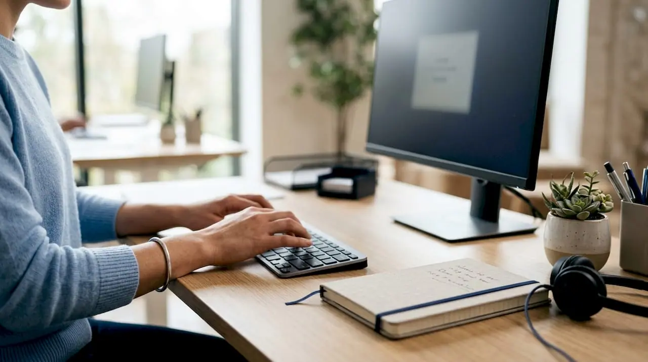 Kundenservice-Mitarbeiter macht sich Notizen während er am Computer tippt.