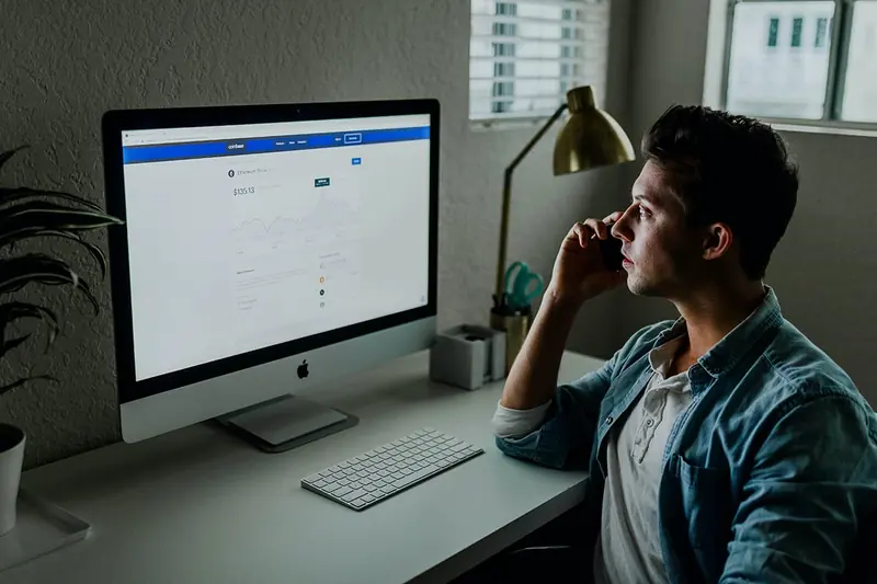Kundenberaterin am Arbeitsplatz mit Headset und Bildschirm